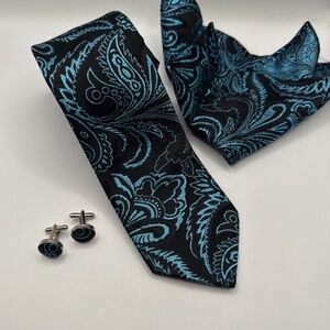 Special Occasion Tie Black Blue Sparkle Cufflink Pocket Square Prom Homecoming
